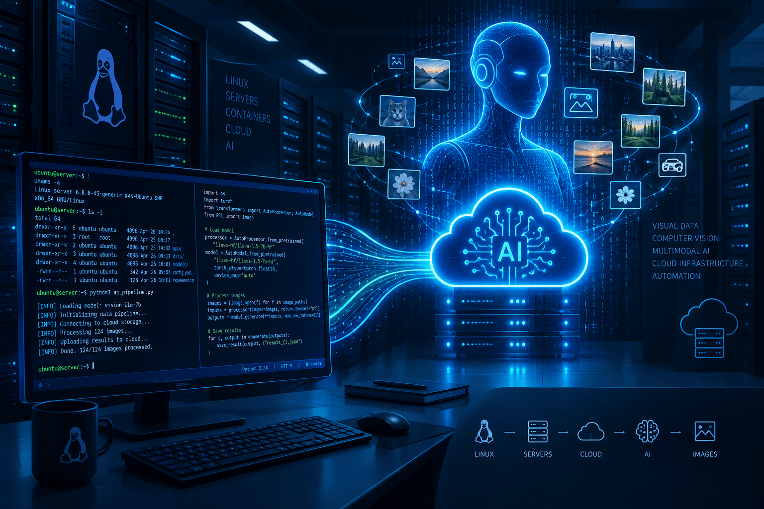 Ubuntu with OpenClaw and the Claude API on an OVH SAS VPS 1 Illustration of an AI pipeline running on Linux servers, processing images via cloud computing, with a terminal showing a Python script loading a vision model and processing images